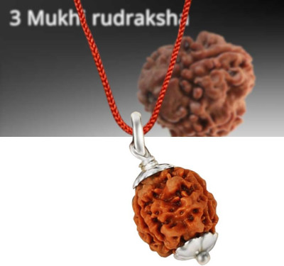 Fine Creation Rudraksha 3 Mukhi Nepali Rudraksha Certified 3 Faced Rudraksha for Men and Women Silver Wood Pendant