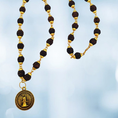 JagatguruShop 5 Mukhi Rudraksha Mala One Gram Gold-plated Beads Brass, Wood Locket Set