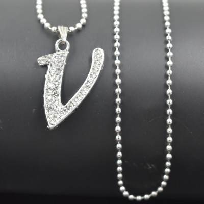 AFH Initial Letter Alphabet V Diamond Studed Bead Chain Pendnet for Men and Women Metal Pendant