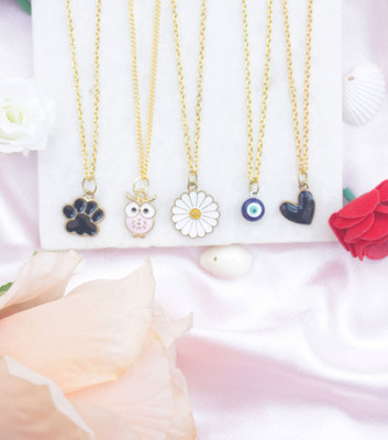 Jewels Wallah Everything Nice, Flower, Heart, Evil eye, Owl Pack of 5, Necklace For Girls Gold-plated Alloy Pendant Set