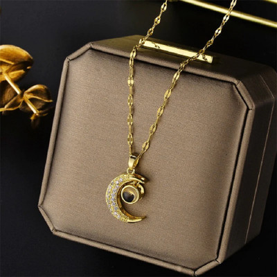 Vembley I Love You In 100 Languages Crescent Moon Gold-plated Pendant Necklace Cubic Zirconia Gold-plated Plated Alloy Chain