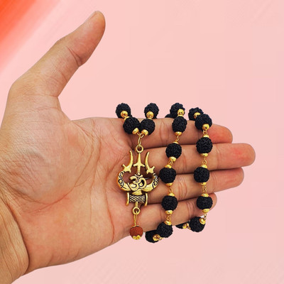 memstomuch Shiv 5 Mukhi Rudraksha 5 Mukhi Rudraksha Mala, Boy's, Unisex, Unisex Gold-plated Beads Brass, Wood Pendant Set