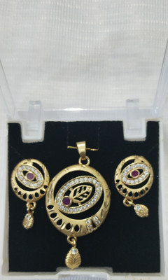 JH JEWELS Elegant Gold-Plated American Diamond Pendant Set with Earrings Gold-plated Cubic Zirconia Brass Pendant