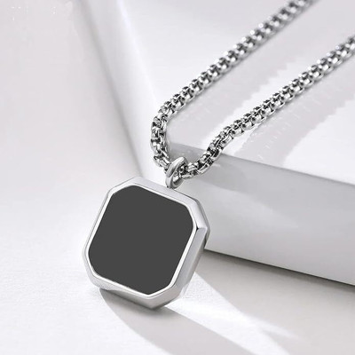 house of common Stylish Black and Silver color Square Pendant for Men Stainless Steel Pendant