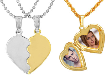 RN Gold and Silver Plated Alloy CZ, Lovely Heatshape in Stone with photo Added in Heartshape Combo Pendant Locket for Men and Women Gold-plated Cubic Zirconia Alloy Pendant