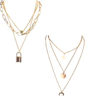RVM Jewels 2 Set 3 Layer Step Multi Layered Necklace Western Star Moon Lock Big Chain Gold Gold-plated Alloy
