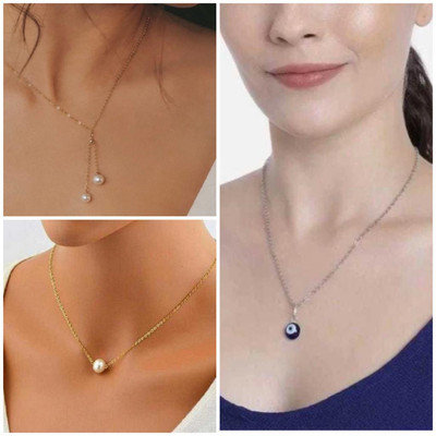Aviman Creations beautiful three stone and balck beaded mangalsutra set combo Gold-plated Pearl Alloy Pendant Set