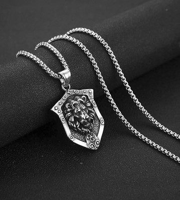 Minprice Lion Head Shield Pendant Locket with Pure Stainless Steel Box Chain Stainless Steel Locket