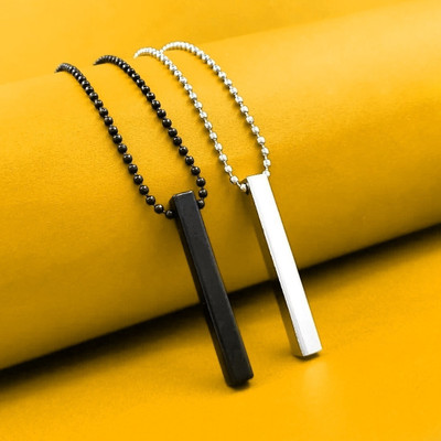 Animated Black-Silver 3D Vertical Bar pendant for boys Rhodium Stainless Steel Locket Set