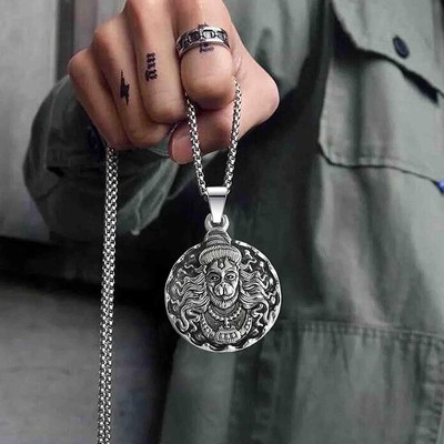 Riingzinee Men's Silver Chain with Hanuman Pendant Silver Alloy, Stainless Steel Pendant Set