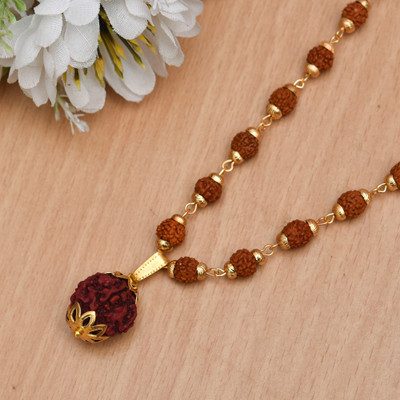 GIACOMO Purest Natural 5 Mukhi/Five Faced Nepali Rudraksha with Rudraksh Gold Cap Mala Gold-plated Beads Alloy, Wood Pendant Set