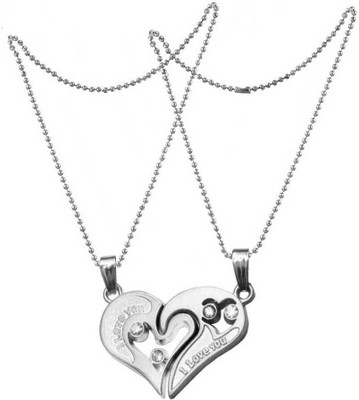 Teeragaj Stainless Steel I Love You Heart Romantic Couple Duo Locket Pendant Necklace Silver Metal Pendant Set