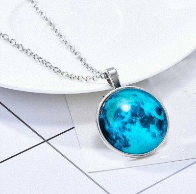 DA CREATIONS Classy Glow In The Dark Moon Necklace(BLUE) Silver Cubic Zirconia Stainless Steel Pendant