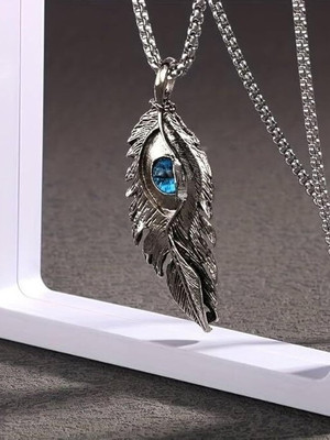 ruby collection Peacock Feather Evil Eye Pendant Chain for Men and Boys Silver Alloy Pendant Set