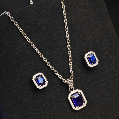 ZENEME Rhodium-Plated Blue Square Shape American Diamond Pendant Set With Earring Alloy Pendant Set