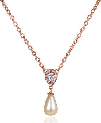 GEMSLAY Drop Pearl Pendant Necklace with CZ Round Cut and Gold Link Chain Rhodium Cubic Zirconia, Pearl Brass Pendant