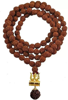 VRIDAANN Natural 5 Mukhi Rudraksha Mala with shiv Damru Brass Locket Set