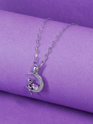 Glamshe Sterling Silver Cat & Crescent Moon Pendant for Girls and Women Silver Cubic Zirconia Stainless Steel Pendant