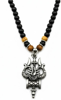 ruby collection Premium Rudraksha Style Trishul Damru Pendant Mala for Men | Black Beads Chain Stainless Steel Pendant