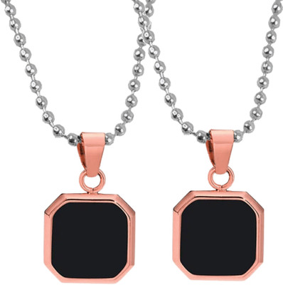 Airtick 2 Pc Rose-Gold Geometric Polygon Ball Chain Square Stone Locket Pendant Necklace Stainless Steel