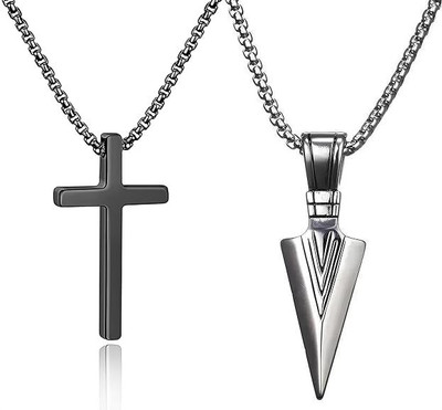 m a enterprises 2pcs Black Holy Jesus and Silver Arrow Punk Locket Men Jewellery Silver Stainless Steel Pendant Set