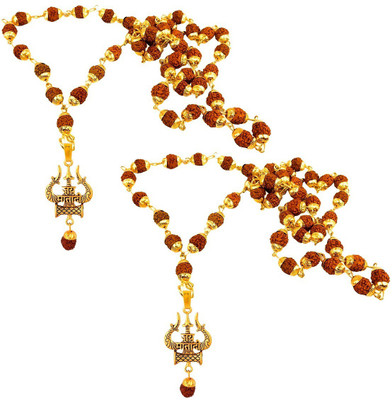 Utkarsh Set Of 2 Jai Mata Di & Shiva Mahakaal Om Rudraksha Mala Trishul Pendant Locket Gold-plated Stainless Steel Locket Set