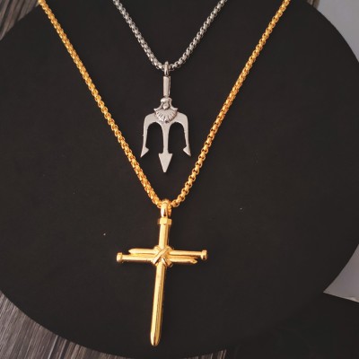 M Men Style Religious Christ Cross Mahadev Poseidon Trishul Locket Stainless Steel Pendant Titanium Stainless Steel Pendant Set