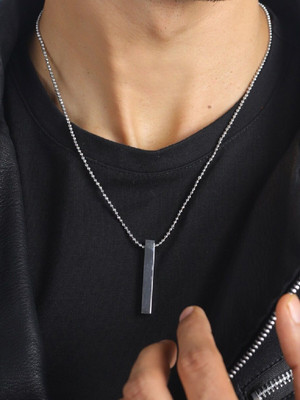 Astrootalk Combo of 2 Silver & Black Stainless Steel 3D Cuboid Vertical Bar/Stick Pendant Silver Beads Stainless Steel Pendant