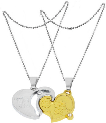 Sullery Valentine Gift His And Her Broken Heart Love Couple Locket With 2 Chain Gold-plated Crystal Zinc, Alloy Pendant Set