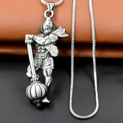 Diivine Hindu Hanuman Silver Pendant Locket With Stainless Steel Chain for Men Silver Steel, Alloy, Brass, Silver Locket Set