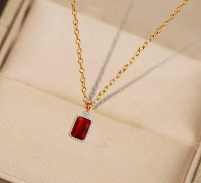 Agarwalproduct Ruby & White Cubic Zirconia Franco Box Pendant Necklace Silver Alloy Locket Set