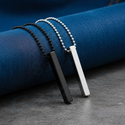 Saizen Stylish Silver- Black 3D Vertical Bar pendant Locket Set For Men And Boys Black Silver, Silver Stainless Steel Pendant Set