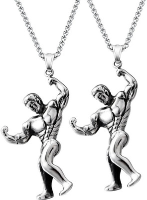 BigWheels 2 Pcs Men Figure Musculine Body Gym Bodybuilder Hercules Pendant Locket Necklace Stainless Steel Pendant Set