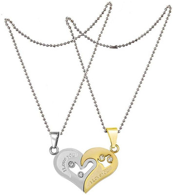 P. R. PRINTS Golden Silver Color Heart Broken Locket with Chain for Couple Stainless steel Silver Metal Pendant Set