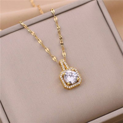 Jewels Galaxy Gold Plated Stainless Steel CZ Square Contemporary Pendant with Rope Chain Gold-plated Stainless Steel Pendant