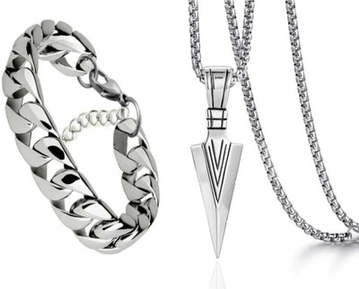 Growola Silver Arrow Pendant Heavy Chain & Silver Plated Bracelet Stainless Steel Silver Stainless Steel, Alloy Locket Set