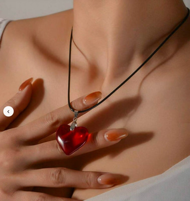 Alviira Red Heart Cord Choker Necklace Glass Pendant
