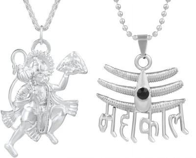 RN Silver Plated Lord Mahakaal Tikka with Flying Hanuman Bajrang Bali Pendant Silver Brass Pendant