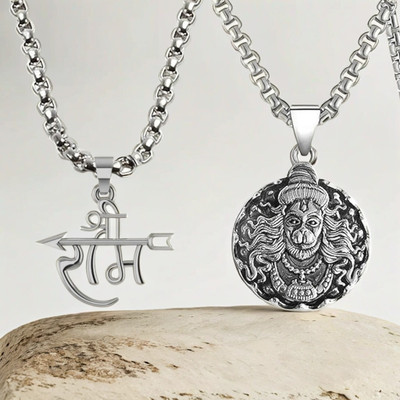 Uniqon Bajrangbali Hanuman Ji & Jai Shri Ram Arrow/Teer Pendant Locket Necklace Silver Stainless Steel Pendant Set