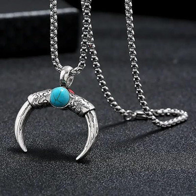 Lila Fashion Jewellery Double Horn Songstone Ox Horn Chain Pendant Necklace Stainless Steel Pendant Set