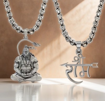 Uniqon Bajrangbali Sitting Meditation Yoga Hanuman Ji & Jai Shri Ram Pendant Locket Silver Stainless Steel Pendant Set