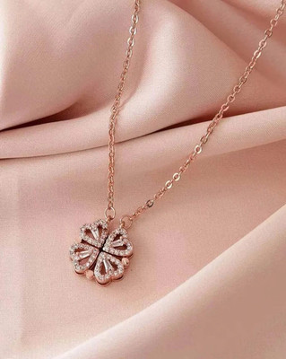 TREND MILL Rose Gold 4 Heart Magnetic leaf Clover 2 in 1 Necklace Pendant for Women Girls Sterling Silver Cubic Zirconia Alloy, Brass Locket Set