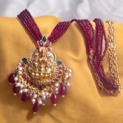 NANDANA COLLECTIONS New Maroon Lakshmi Pendants HYDRO Crystal 5 Lines chain Daily Wear Necklace Alloy Pendant Set