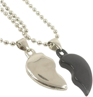 house of common I Love U Broken Magnetic Heart Blak & Silver Couple 2 In 1 Duo Locket Pendant Stainless Steel Pendant Set