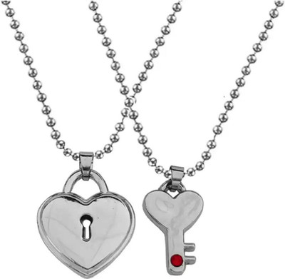 DF STORE Couple Romantic Lock And Key Heart Dual Locket With Dual Chain for Couple Silver Alloy Locket