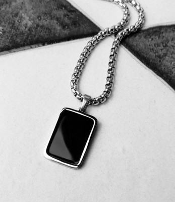 REVELATIONCART Men's Bold Black Onyx Pendant Necklace – Stainless Steel Chain Silver Brass Locket Set