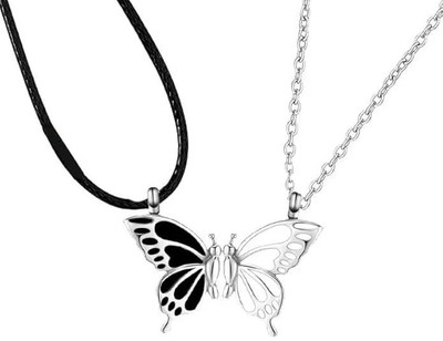 Diivine Hindu Couple Magnetic Broken Butterfly Pendant Locket Necklace Clavicle Chain & Rope Silver Stainless Steel Pendant Set