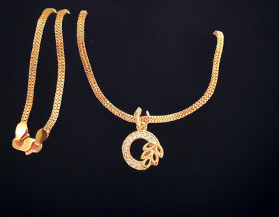 DIVS FASHION LEAF DESIGN IN ROUND DIAMOND PENDANT WITH CHAIN Gold-plated Diamond Brass Pendant Set
