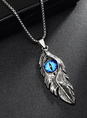 RAPPERSSHOP Blue Evil EYe Feather Alloy Pendant with Stainless Steel Box Chain for Men Silver Zircon Alloy Locket Set