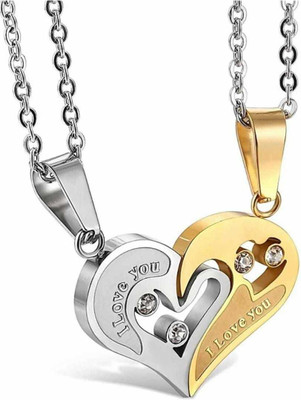 JS Enterprises Heart Shape Gold & Silver Locket/Pendant for Symbol of Couple Crystal Stainless Steel Pendant